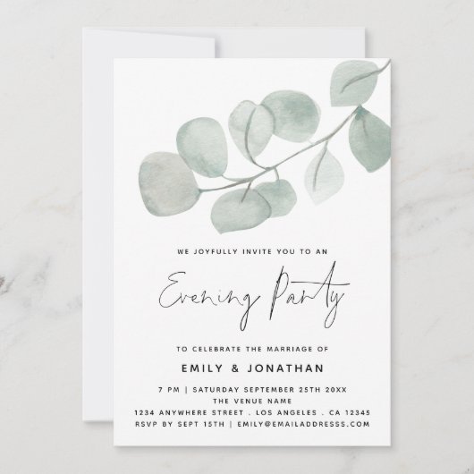 Invitation Aquarelle Artsy Eucalyptus Mariage Soirée (Devant)
