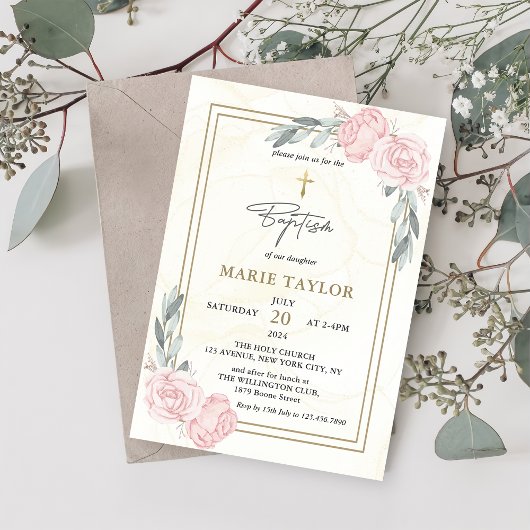 Invitation Aquarelle assez neutre Baptême floral