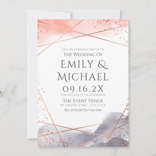 Invitation Aquarelle aurifère rose Mariage moderne géométriqu (Devant)