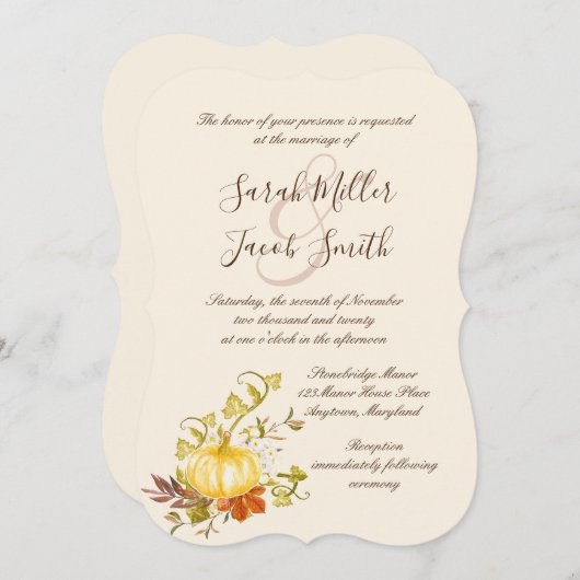 Invitation Aquarelle Automne Citrouille et Mariage Feuille (Devant / Derrière)