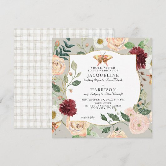 Invitation Aquarelle Automne Corail Floral Rose Papillon (Devant / Derrière)