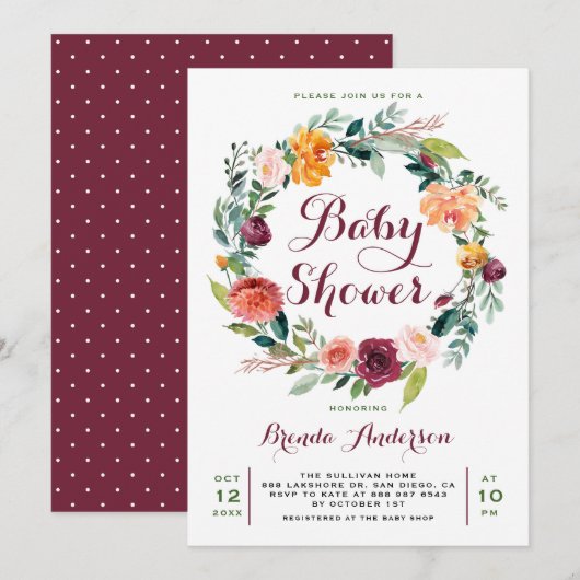 Invitation Aquarelle Automne Floral Baby shower de couronne (Devant / Derrière)