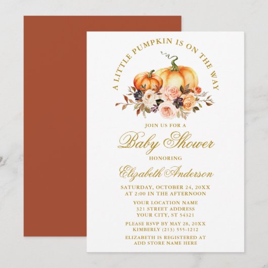 Invitation Aquarelle Automne Floral Citrouille Baby shower Or (Devant / Derrière)