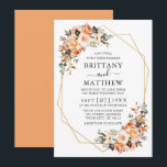 Invitation Aquarelle Automne Floral Geo Cadre Mariage Pêche<br><div class="desc">Moderne Elegant Watercolor Floral Card comprend de belles fleurs d'automne sur un cadre géométrique doré. Roses oranges,  roses de pêche,  roses dorés,  roses roses roses,  succulents couleur prune,  roses blanches,  feuilles d'eucalyptus et autres plantes botaniques. Revenez.</div>