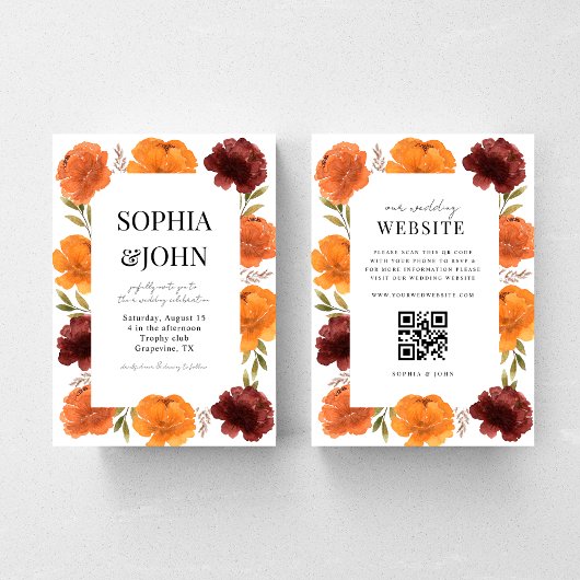 Invitation Aquarelle Automne Floral QR Code Tout en un Mariag