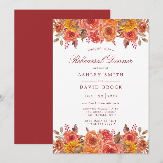 Invitation Aquarelle Automne Floral Rustique Dîner de répétit (Devant / Derrière)