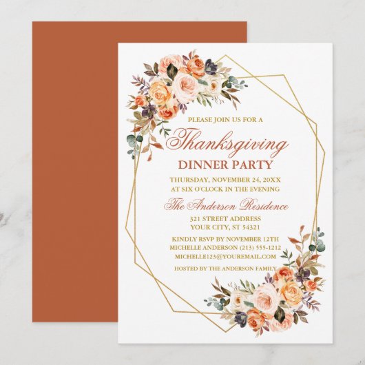 Invitation Aquarelle Automne Floral Thanksgiving Party (Devant / Derrière)