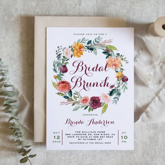 Invitation Aquarelle Automne Floral Wreath Bridal Brunch