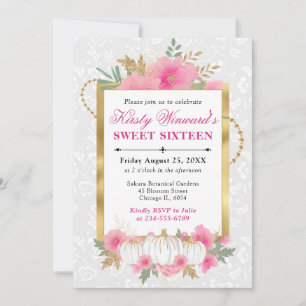 Invitation Aquarelle Automne Rose Fleur Pomme de Pin Sweet 16