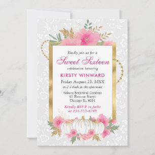 Invitation Aquarelle Automne Rose Or Floral Citrouille Douze
