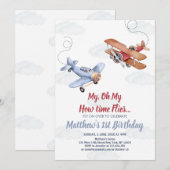 Invitation Aquarelle Avion Nuages Garçon 1er Anniversaire (Devant / Derrière)