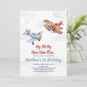 Invitation Aquarelle Avion Nuages Garçon 1er Anniversaire