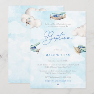 Invitation Aquarelle Avions Ciel Nuages Garçon Baptême Party