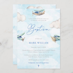 Invitation Aquarelle Avions Ciel Nuages Garçon Baptême Party