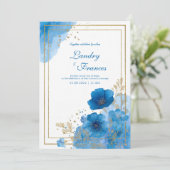 Invitation Aquarelle Azure Blue Floral & Gold Frame Mariage (Debout devant)