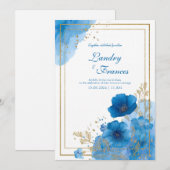 Invitation Aquarelle Azure Blue Floral & Gold Frame Mariage (Devant / Derrière)