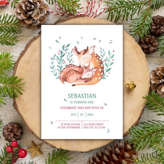 Invitation Aquarelle Baby Deer Bembi et mère 1er anniversaire
