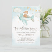 Invitation Aquarelle Baby Fox avion Baby shower bleu (Debout devant)