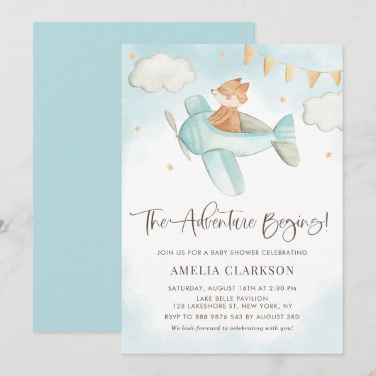 Invitation Aquarelle Baby Fox avion Baby shower bleu (Devant / Derrière)
