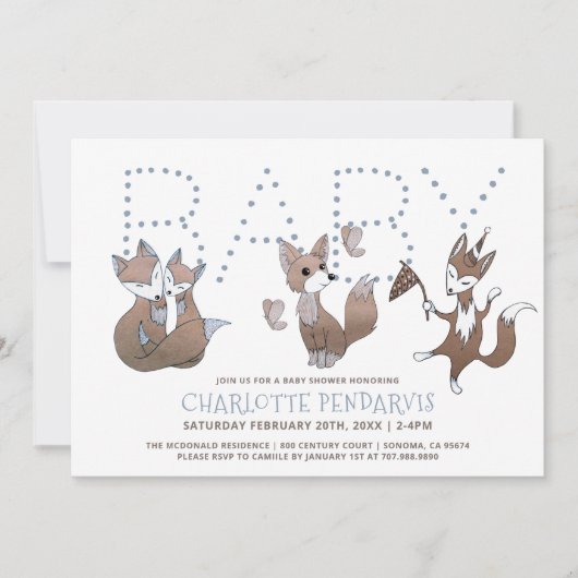 Invitation Aquarelle Baby Foxes Baby shower Brown bleu (Devant)