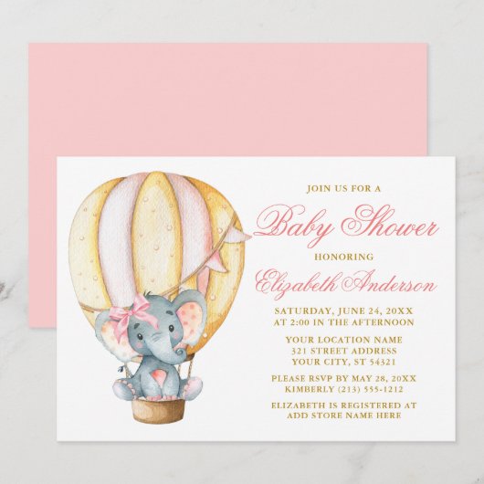 Invitation Aquarelle Baby shower à ballon d'air Elephant Bow (Devant / Derrière)