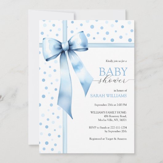 Invitation Aquarelle Baby shower bleu Bow Bow (Devant)