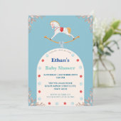 Invitation Aquarelle Baby shower bleu Cheval Rocse (Debout devant)