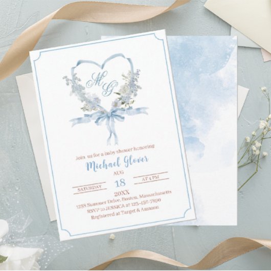 Invitation Aquarelle baby shower bleu crêtes aquarelle