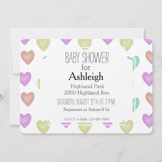 Invitation Aquarelle baby shower Coeurs doux (Devant)
