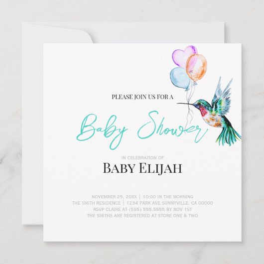 Invitation Aquarelle Baby shower colibri et ballons (Devant)
