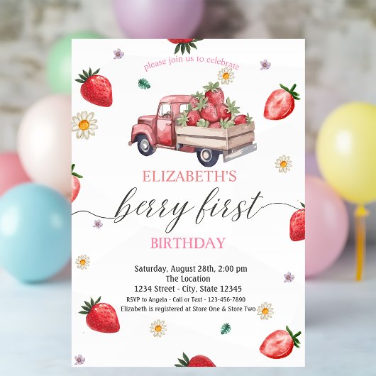 Invitation Aquarelle Baby shower de camion fraise
