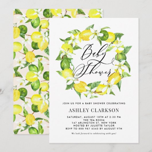 Invitation Aquarelle Baby shower de couronne de fleur de citr (Devant / Derrière)