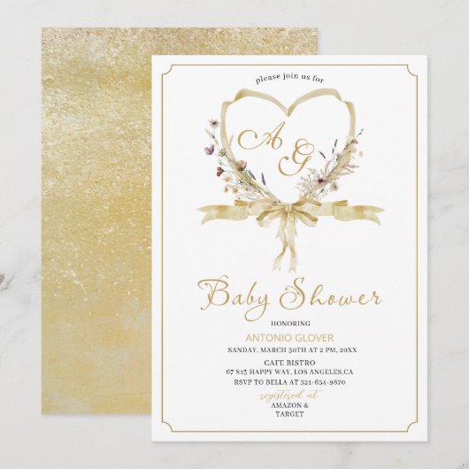 Invitation Aquarelle baby shower de crêtes dorées (Devant / Derrière)