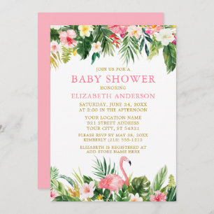 Invitation Aquarelle Baby shower de Flamant rose floral tropi