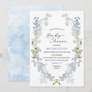 Invitation Aquarelle baby shower de fleurs bleu Delphinium