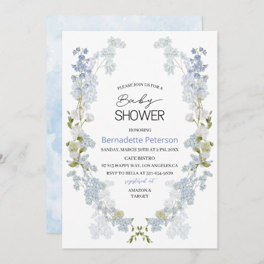 Invitation Aquarelle baby shower de fleurs bleu Delphinium (Devant / Derrière)