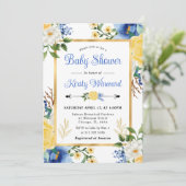 Invitation Aquarelle Baby shower de fleurs bleu et jaune (Debout devant)
