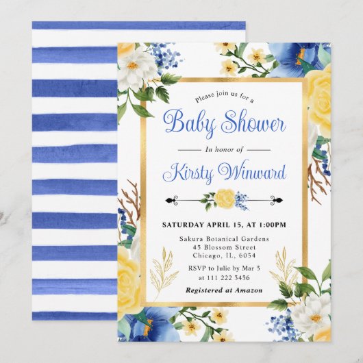 Invitation Aquarelle Baby shower de fleurs bleu et jaune (Devant / Derrière)