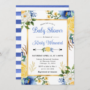 Invitation Aquarelle Baby shower de fleurs bleu et jaune
