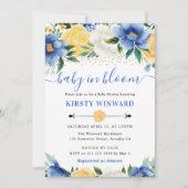 Invitation Aquarelle Baby shower de fleurs bleu et jaune (Devant)