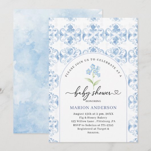Invitation Aquarelle Baby shower de fleurs bleues (Devant / Derrière)