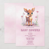 Invitation Aquarelle Baby shower de fleurs roses de cerfs (Devant / Derrière)