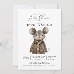 Invitation Aquarelle Baby shower de souris d'animaux de bois