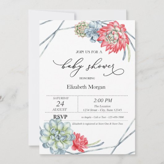Invitation Aquarelle Baby shower de succulents rouges (Devant)