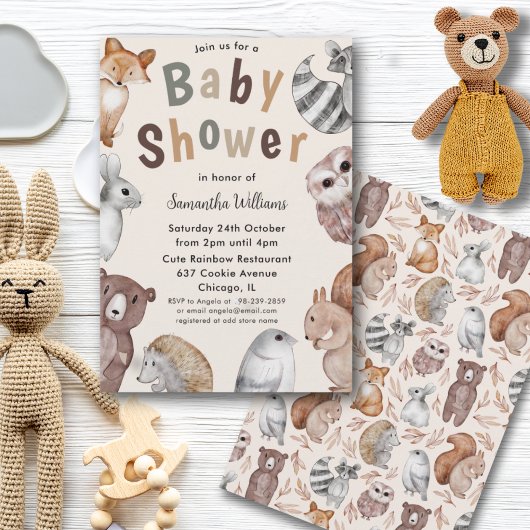 Invitation Aquarelle Baby shower des animaux de bois