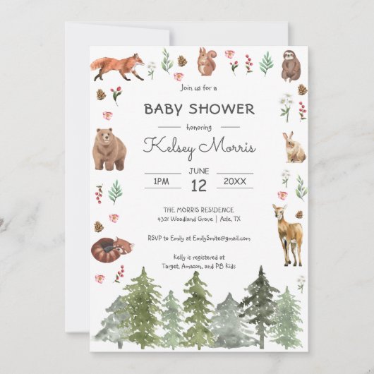 Invitation Aquarelle Baby shower des animaux de la forêt de b (Devant)