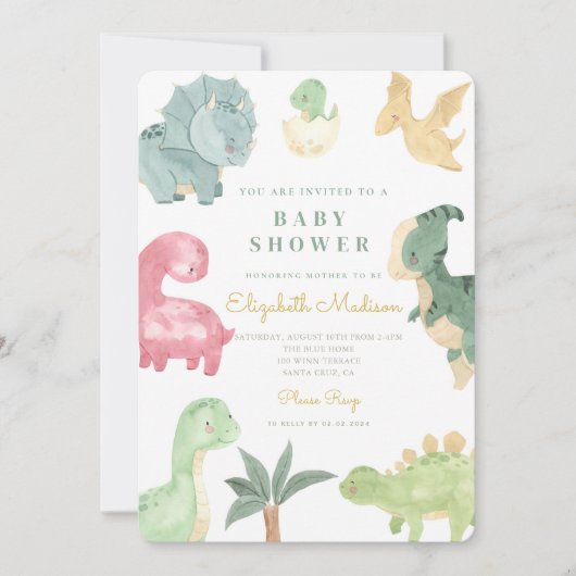 Invitation Aquarelle Baby shower Dinosaures doux (Devant)