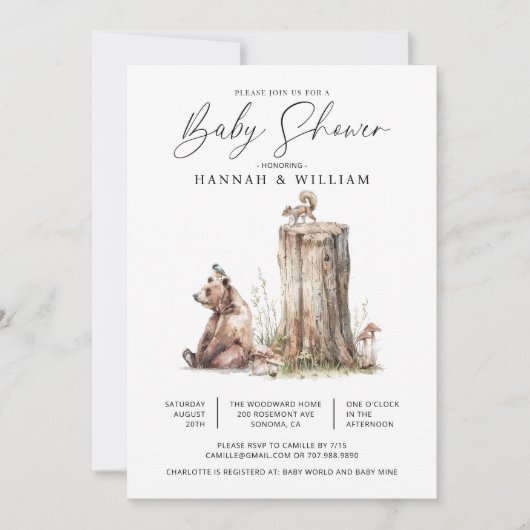 Invitation Aquarelle Baby shower d'ours de bois (Devant)
