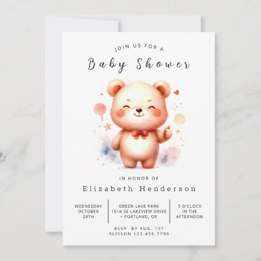 Invitation Aquarelle Baby shower d'ours imprimable (Devant)