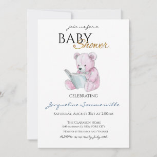 Invitation Aquarelle Baby shower d'ours rose C'est une fille